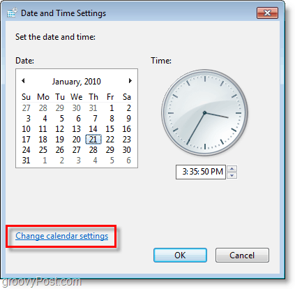 Tangkapan layar Windows 7 - ubah pengaturan kalender