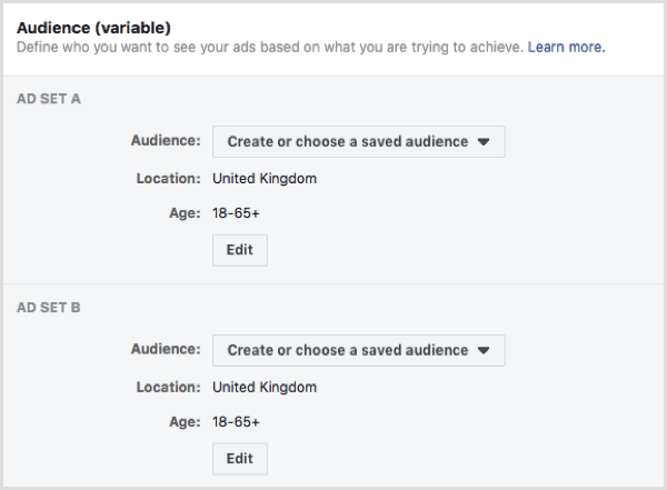 Fitur uji split Facebook