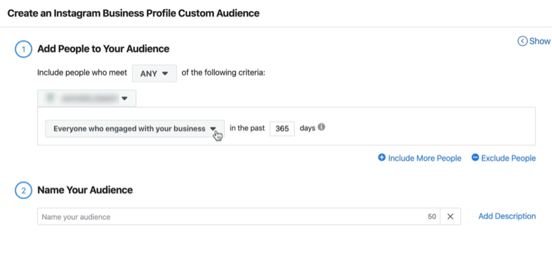 tangkapan layar jendela Buat Audiens Kustom Profil Bisnis Instagram dengan pengaturan default Semua Orang yang Terlibat dengan Bisnis Anda dalam 365 hari terakhir