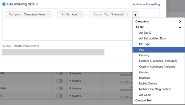 Tambahkan kolom untuk menyiapkan konvensi penamaan iklan Facebook Anda.