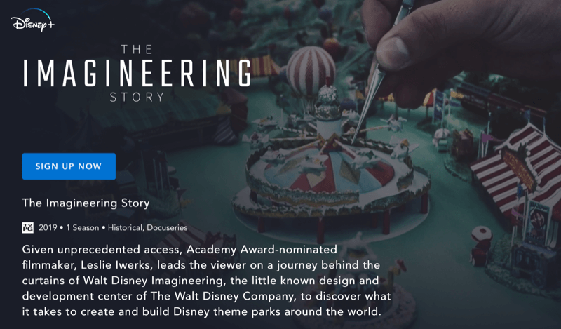Halaman web Disney + untuk The Imagineering Story