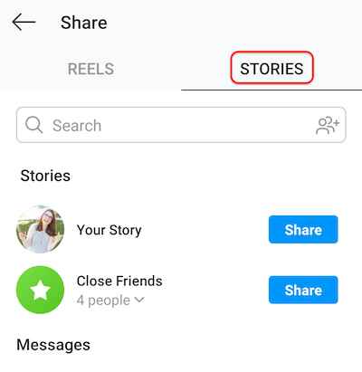 Tangkapan layar dari layar posting instagram yang menunjukkan tab cerita yang memungkinkan gulungan untuk dibagikan ke cerita atau daftar teman dekat Anda