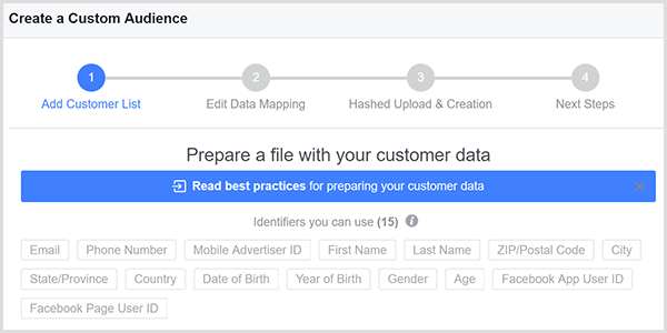 Kotak dialog Buat Audiens Kustom Facebook memiliki 15 titik pencocokan berbeda untuk data pelanggan Anda, dan titik tersebut muncul dalam kotak abu-abu di kotak dialog.