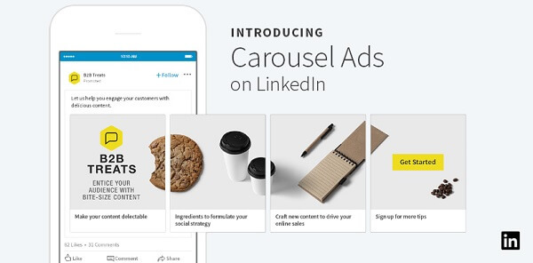 LinkedIn meluncurkan iklan carousel baru untuk Konten Bersponsor yang dapat menyertakan hingga 10 kartu yang dapat disesuaikan dan dapat digeser.