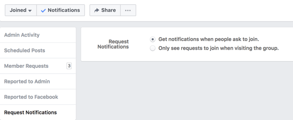 Hidupkan notifikasi dari orang yang meminta untuk bergabung dengan grup Facebook Anda.