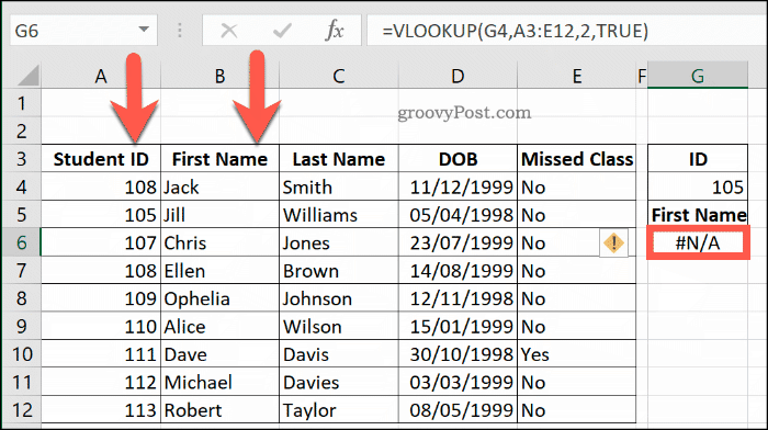 Contoh lain dari Kesalahan NA dengan VLOOKUP di Excel, karena rentang data tidak diurutkan dengan benar