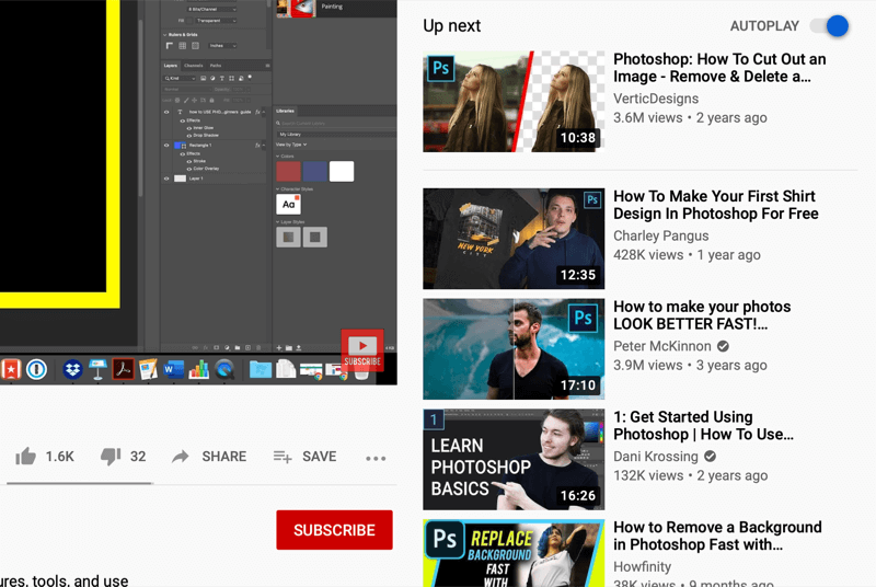 Layar tonton video youtube menampilkan video putar otomatis di sisi kanan layar, direkomendasikan oleh youtube berdasarkan apa yang ditonton