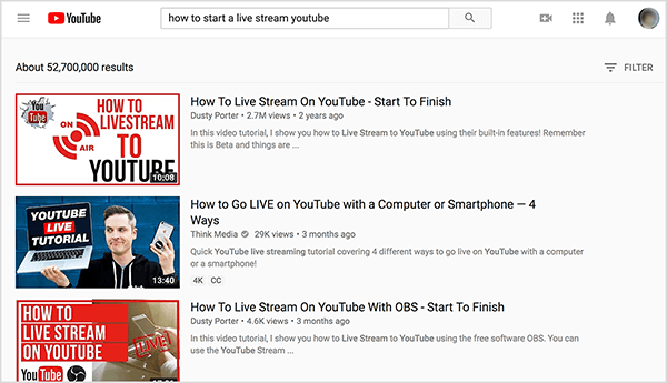 Telusuri YouTube untuk "cara memulai streaming langsung youtube" dan hasil penelusuran teratas menunjukkan dua video oleh Dusty Porter.