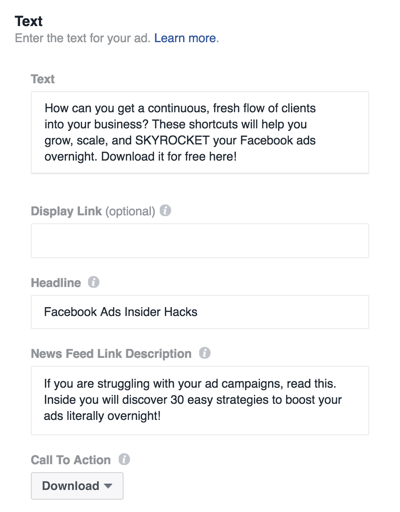Isi rincian untuk mengatur iklan Facebook Anda.