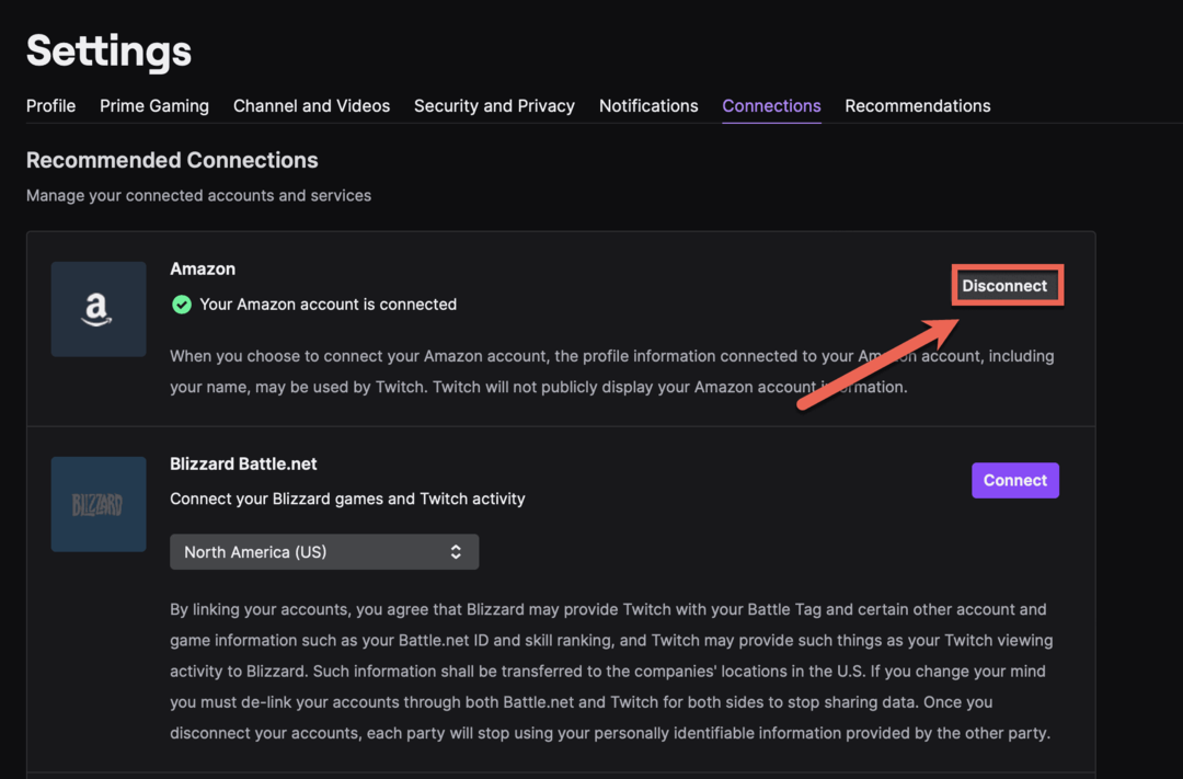 Hubungkan akun Amazon Prime Anda ke Twitch di tab Connections di pengaturan Twitch Anda