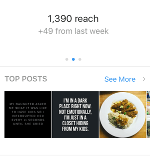 Di layar pertama wawasan Instagram Anda, geser ke kanan untuk melihat jangkauan Anda.