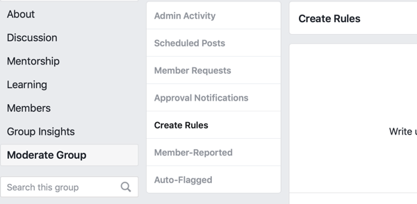 Cara meningkatkan komunitas grup Facebook Anda, opsi menu Facebook untuk membuat aturan untuk memoderasi grup Anda