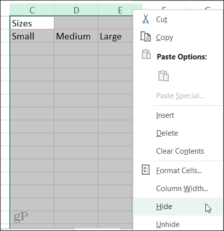 Sembunyikan Pintasan Kolom di Excel pada Windows