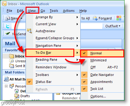 Bilah Agenda Outlook 2007 - Ubahsuaikan Tampilan ke Normal