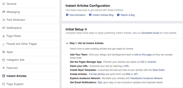 layar konfigurasi artikel instan facebook