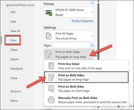 Cetak di kedua sisi di Word