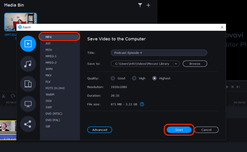 ekspor file video di Movavi Video Editor Plus