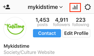 Ketuk ikon bagan batang untuk mengakses Instagram Insights dari aplikasi Instagram.