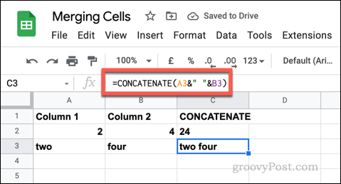 Contoh rumus CONCATENATE di Google Spreadsheet menggunakan string teks kosong