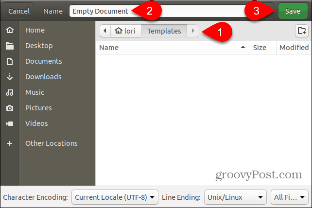 Simpan file template Dokumen Kosong di folder Template di Ubuntu
