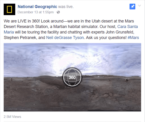 Facebook meluncurkan video Live 360 ​​minggu ini dengan laporan National Geographic dari fasilitas Mars Desert Research Station di Utah.