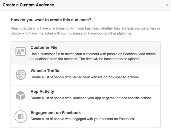 Pilih File Pelanggan untuk membuat audiens kustom Facebook Anda dari pelanggan buletin.