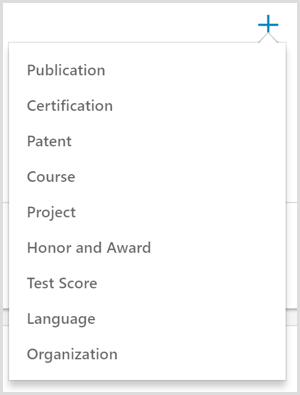 Opsi untuk menambahkan pencapaian ke profil LinkedIn