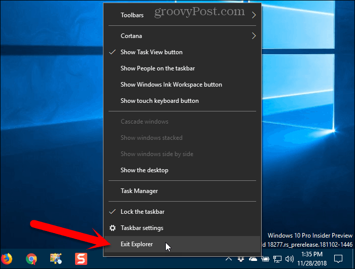 Pilih Exit Explorer dari menu konteks Taskbar di Windows 10