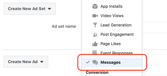 Cara mendapatkan prospek dengan iklan Facebook Messenger, pesan ditetapkan sebagai tujuan di tingkat set iklan