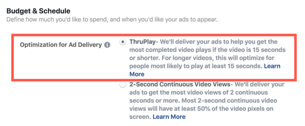 Facebook ThruPlay Optimization untuk iklan video, langkah 2.