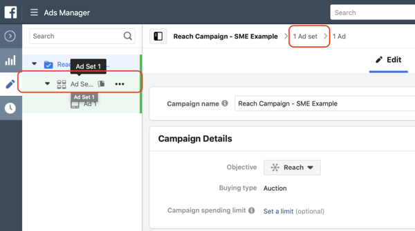 Cara membuat iklan jangkauan Facebook, langkah 3, pengaturan untuk menavigasi ke tingkat set iklan kampanye Anda