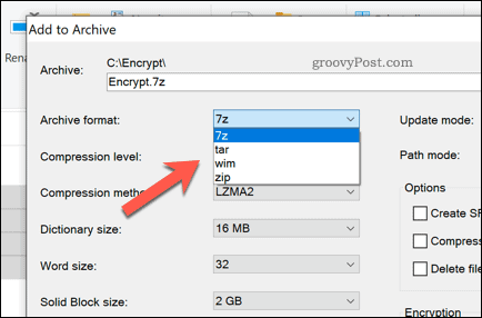 Memilih jenis file arsip 7-zip