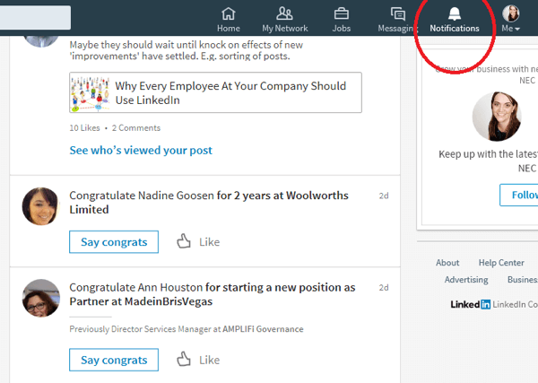 Saat Anda mengklik ikon Notifikasi, LinkedIn menampilkan koneksi yang baru saja mengadakan acara khusus.