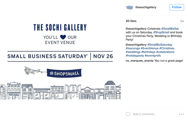 Bisnis kecil harus memposting secara teratur tentang Small Business Saturday di bulan November dan menggunakan tagar acara populer.