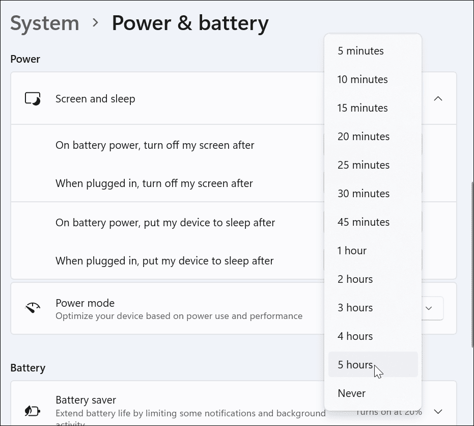 pilih baterai dan power windows 11