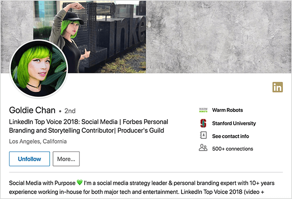Ini adalah tangkapan layar dari profil LinkedIn Goldie Chan. Dia wanita Asia dengan rambut hijau. Di foto profilnya, dia memakai riasan, kalung choker hitam, dan kemeja hitam. Slogannya berbunyi “Suara Top LinkedIn 2018: Media Sosial | Personal Branding dan Kontributor Mendongeng Forbes | Producer