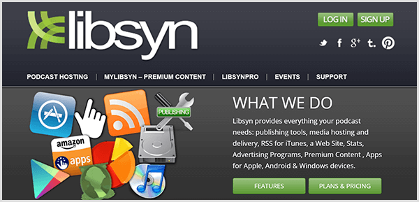 Chris Brogan menggunakan Libsyn untuk meng-host file audio untuk pengarahan flash Alexa-nya. Situs web Libsyn memiliki item navigasi untuk hosting podcast, konten premium, fitur pro, acara, dan dukungan.