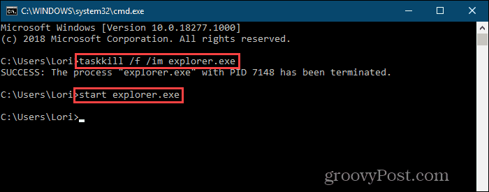 Matikan proses explorer.exe dan restart di baris perintah di Windows 10