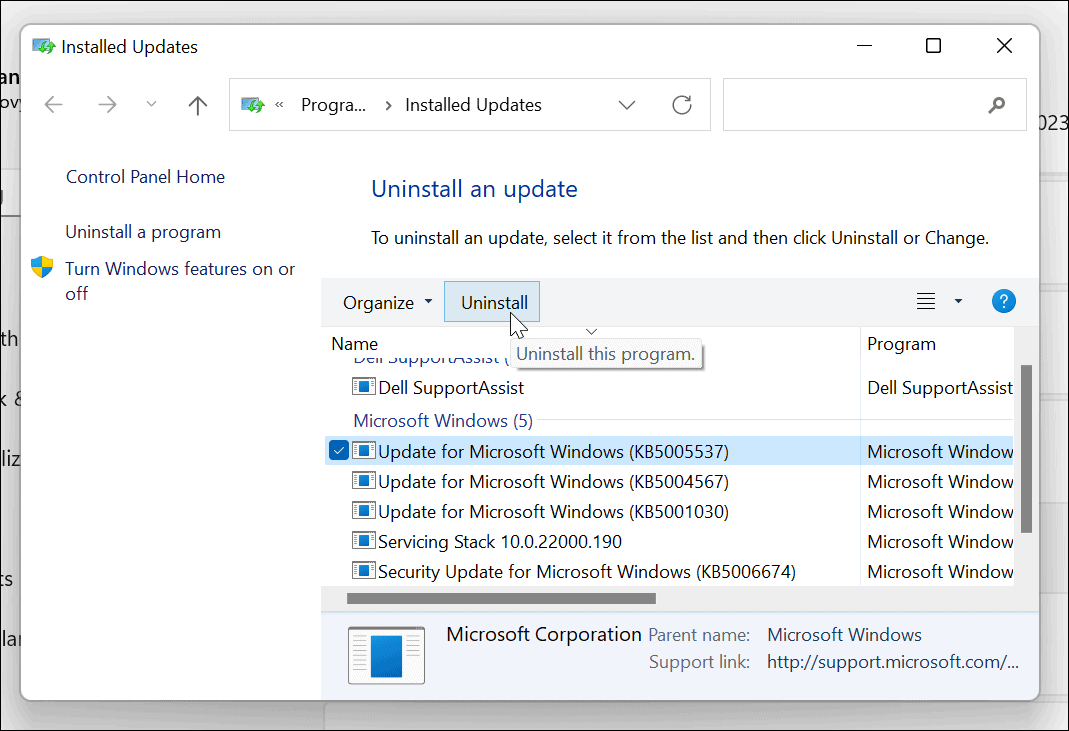 hapus instalan Pembaruan kumulatif windows 11