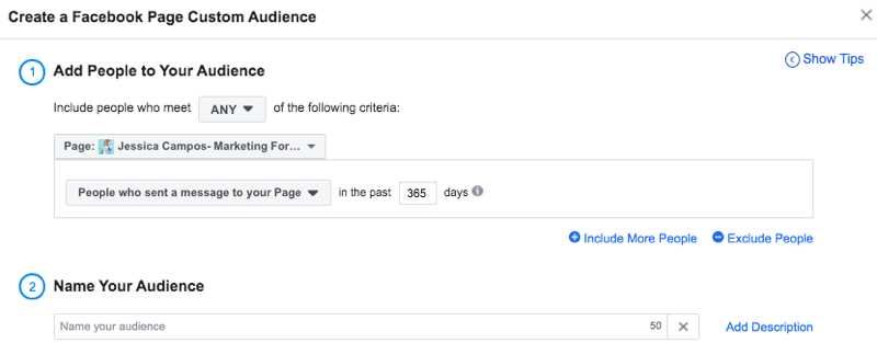 mengatur Facebook custom audience dari orang-orang yang mengirim pesan ke halaman