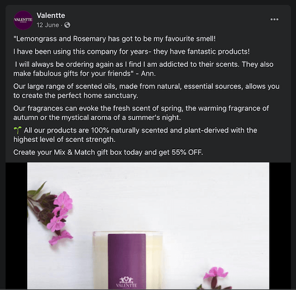 posting facebook dari valentte menunjukkan teknik testimonial lain untuk minyak wangi
