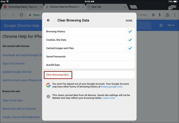 Hapus Penjelajahan Data aplikasi Chrome iOS