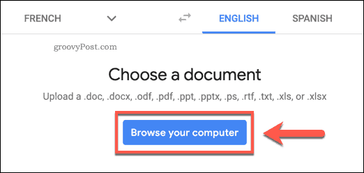 Tombol Browse your computer di situs web Google Translate