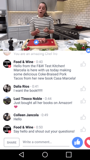 Food & Wine menampilkan chef Marcela Valladolid dalam siaran langsung Facebook Live pemasaran bersama yang menguntungkan kedua belah pihak.
