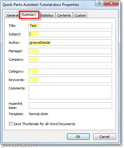 tab ringkasan memungkinkan Anda untuk mengedit properti dokumen lanjutan di word 2010