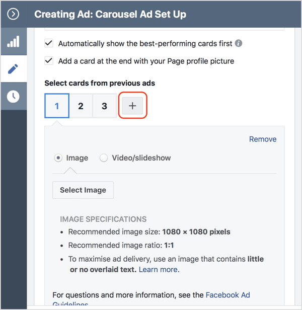 Klik ikon + untuk menambahkan kartu ke iklan carousel Facebook Anda.