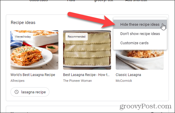 Pilih Sembunyikan ide resep ini di laman Tab Baru Chrome