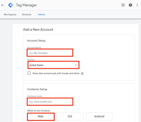 Gunakan Google Tag Manager dengan Facebook, langkah 1, pengaturan untuk menambahkan akun Google Tag Manager baru