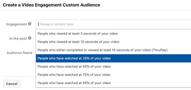 kotak dialog untuk membuat audiens kustom keterlibatan video Facebook