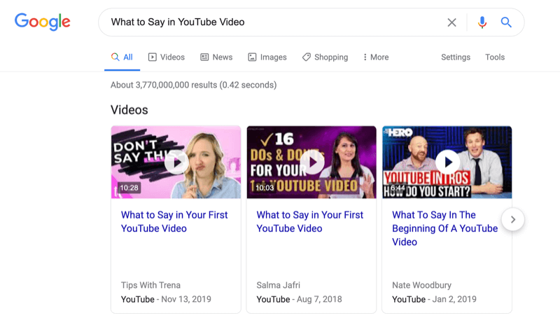 Tangkapan layar dari pencarian google untuk apa yang harus dikatakan dalam video youtube dengan catatan hasil pencarian video